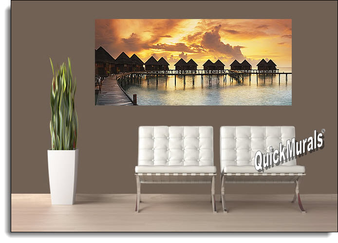 Tiki Resort Panoramic at Sunset Wall Mural Roomsetting